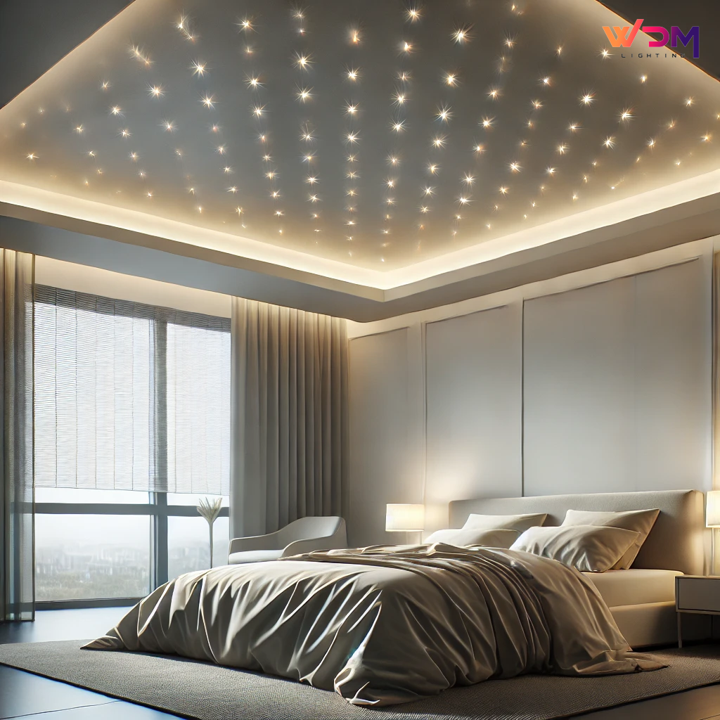 Modern bedroom featuring a sleek star ceiling with small, evenly spaced dot-like lights creating a calming and elegant ambiance. The room showcases minimalist decor with soft neutral bedding, warm ambient lighting, and large windows, combining comfort with modern design.