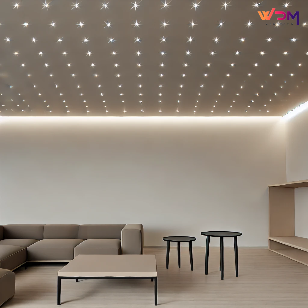 Minimalist modern living room featuring a sleek star ceiling with evenly spaced tiny dot-like lights, creating a calm and elegant ambiance. The Wiedamark logo is displayed in the top-right corner, symbolizing the company's expertise in innovative LED lighting solutions.